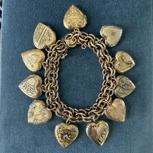 Gold Filled Eleven Heart Locket Charm Bracelet