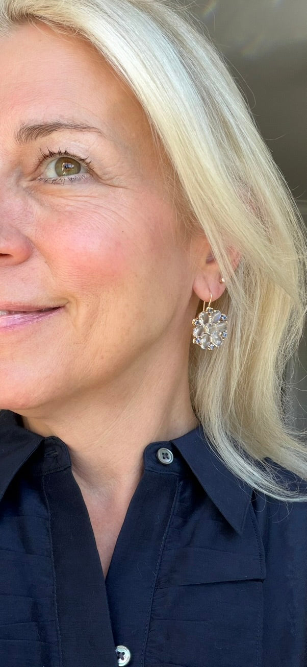 14K Moonstone and Sapphire Floral Earrings