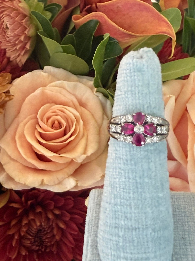 Platinum Ruby Flower Ring with Diamonds