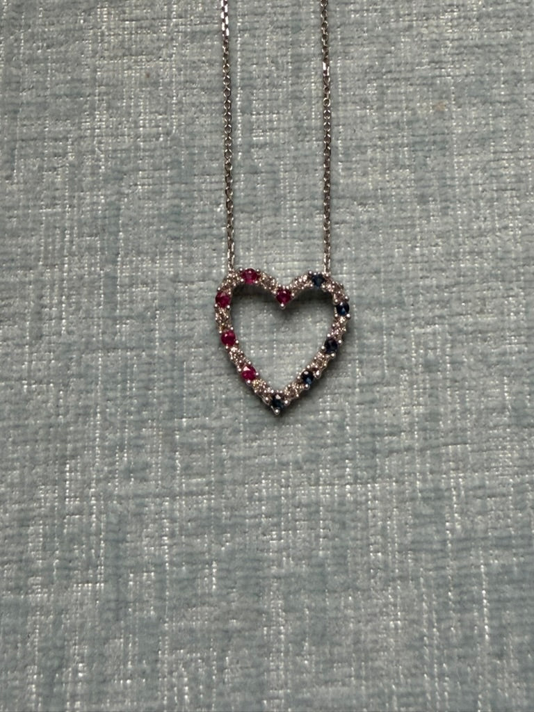 10k White Gold Ruby, Diamond and Sapphire Heart Necklace