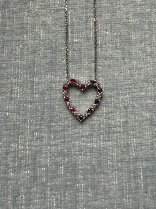 10k White Gold Ruby, Diamond and Sapphire Heart Necklace