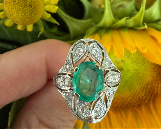 14K Emerald and Diamond Deco Oval Shaped Ring