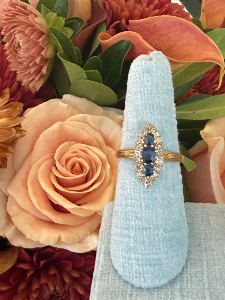 18k Navette Sapphire Ring with European Cut Diamonds