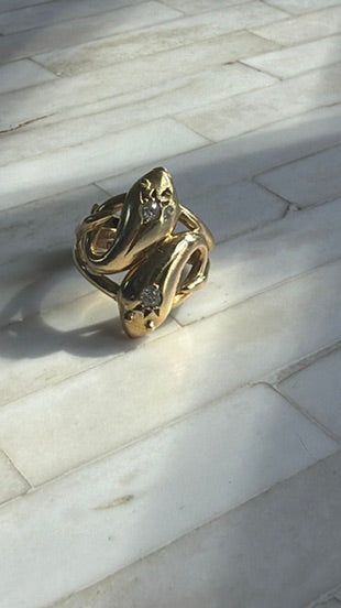 18k Antique Double Snake Ring with Diamonds
