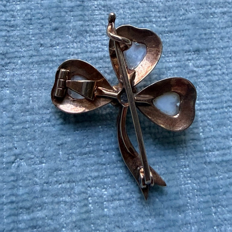 14k Moonstone, Diamond and Pearl Clover Brooch