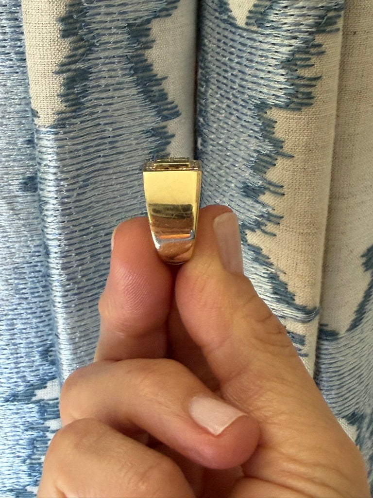 14k Square Deco Emerald Signet Ring With Diamond Halo