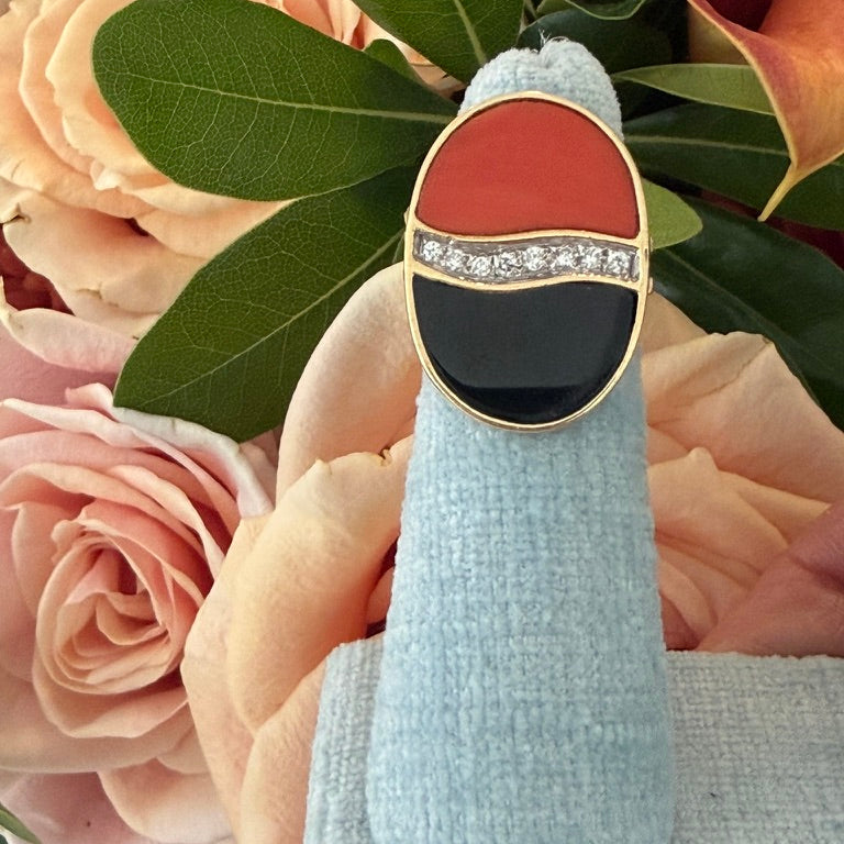 14k Coral, Onyx and Diamond Ring
