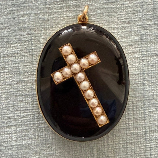 14K Victorian Black Enamel Cross Locket