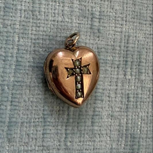 9k Victorian Heart Locket with Seed Pearl Cross