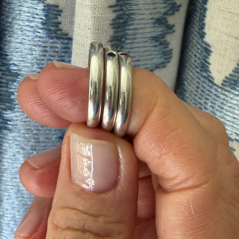 Set of Three Tiffany and Co. Elsa Peretti Sterling Silver Rings with Sapphire, Diamond and Ruby