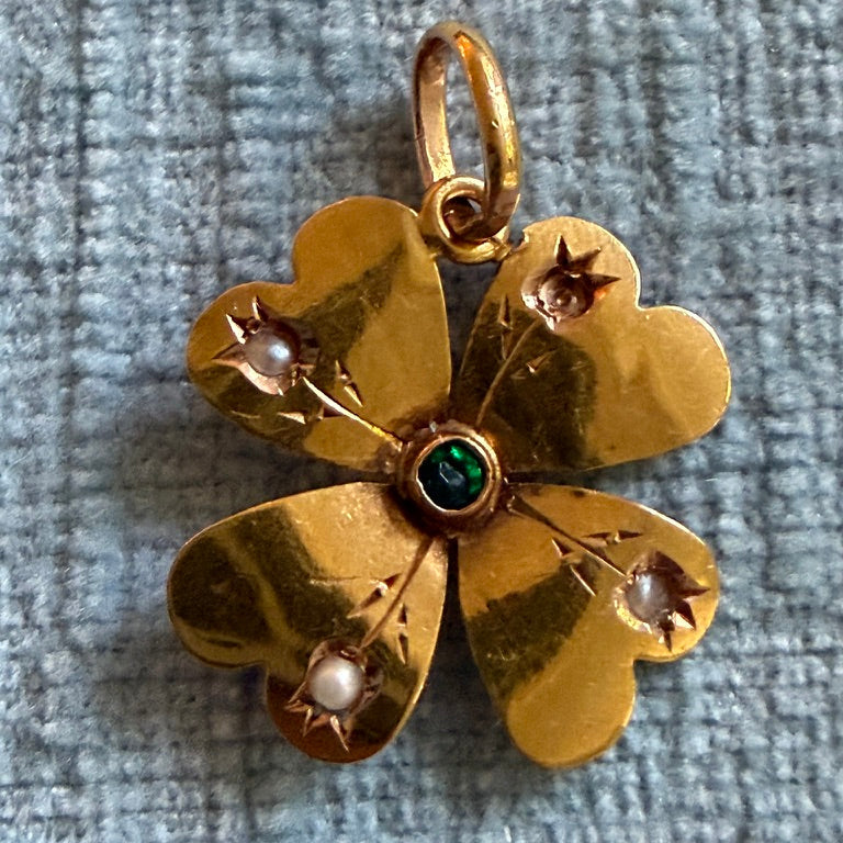 14k Antique Clover Charm with Seed Pearls and Glass