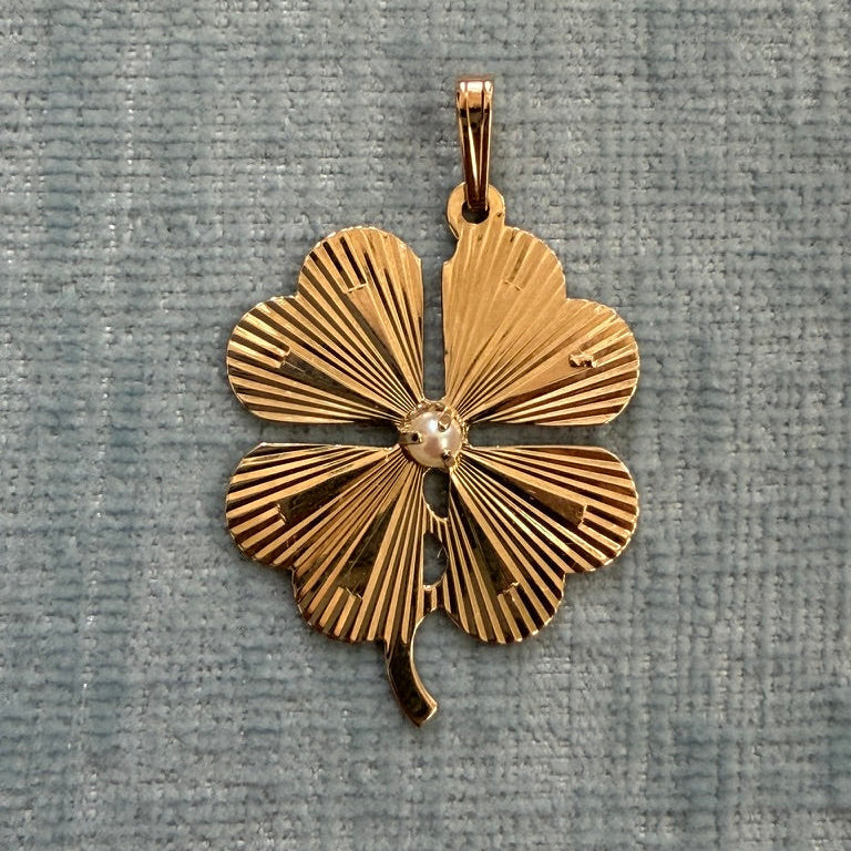 14K Engine Turned Clover Charm with Pearl Center