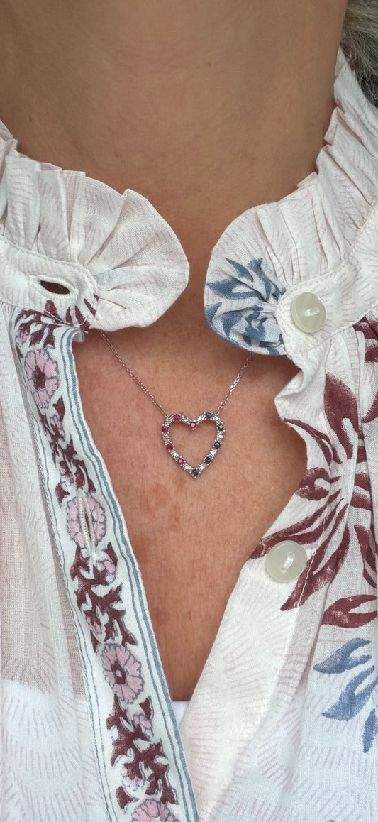 10k White Gold Ruby, Diamond and Sapphire Heart Necklace