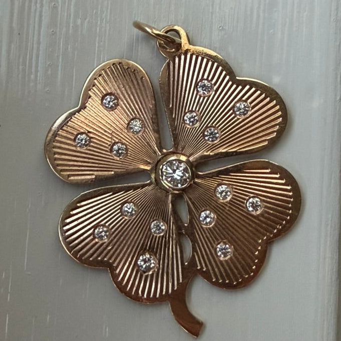 14k Engine Turned Clover Charm with Diamonds