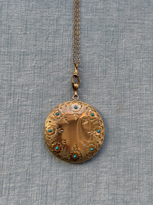 Gold Filled Extra Large Round Turquoise Locket on Chain