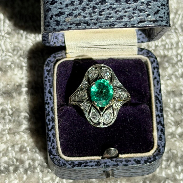 14K Emerald and Diamond Deco Oval Shaped Ring