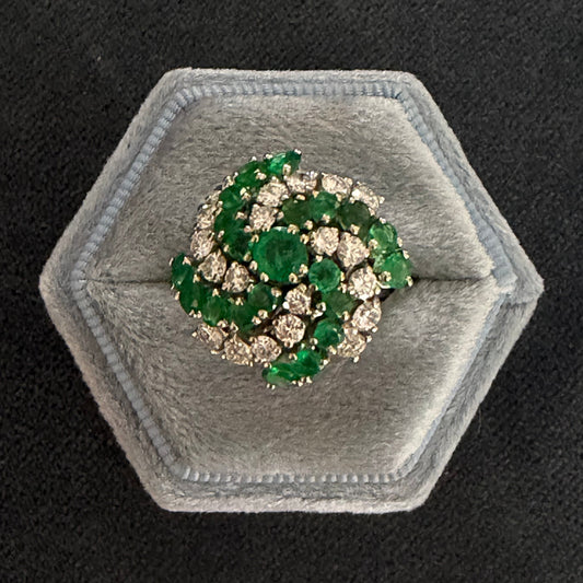 14K White Gold Emerald and Diamond Swirl Ring